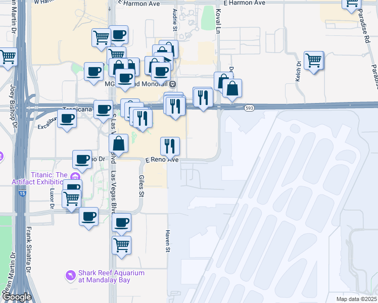 map of restaurants, bars, coffee shops, grocery stores, and more near 5051 East Reno Avenue in Las Vegas