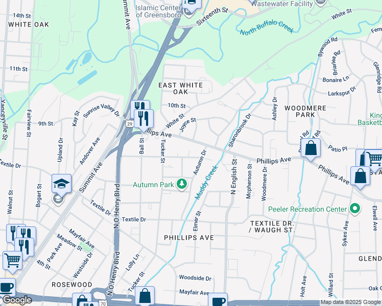 map of restaurants, bars, coffee shops, grocery stores, and more near 1806 Ryan Street in Greensboro