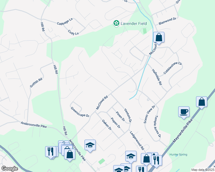 map of restaurants, bars, coffee shops, grocery stores, and more near 7823 Micah Drive in Knoxville
