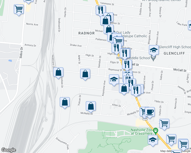 map of restaurants, bars, coffee shops, grocery stores, and more near 511 Veritas Street in Nashville