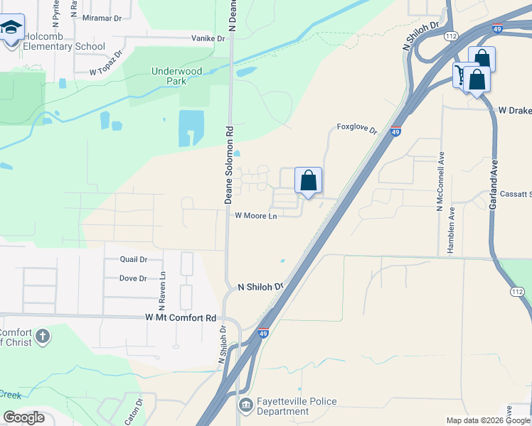 map of restaurants, bars, coffee shops, grocery stores, and more near 2501 North Shiloh Drive in Fayetteville