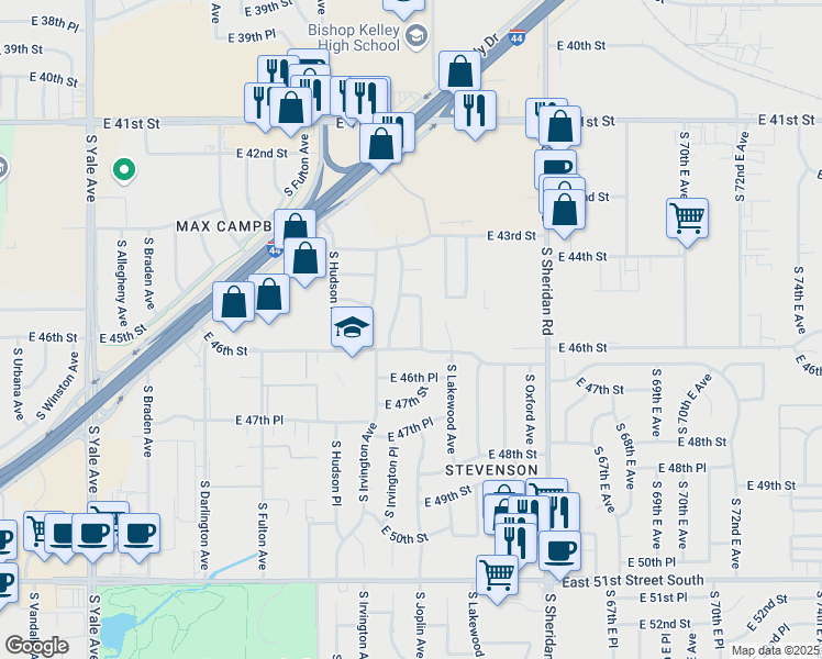 map of restaurants, bars, coffee shops, grocery stores, and more near 5917 East 46th Street in Tulsa