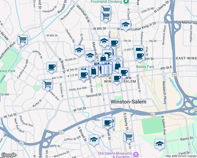 map of restaurants, bars, coffee shops, grocery stores, and more near in Winston-Salem