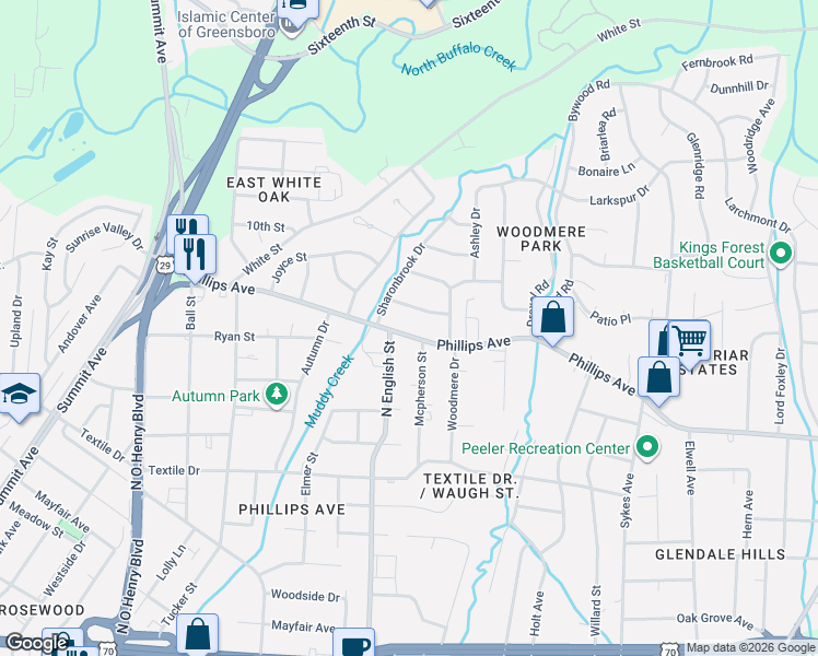 map of restaurants, bars, coffee shops, grocery stores, and more near 1906 Phillips Avenue in Greensboro