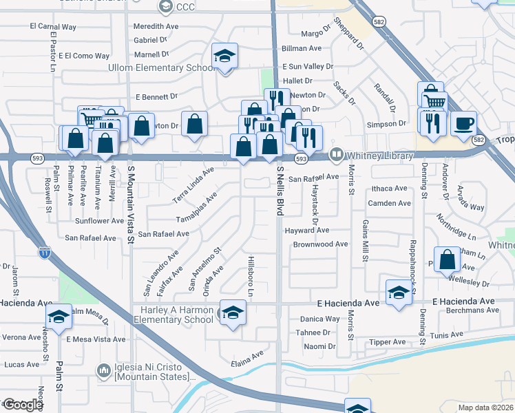 map of restaurants, bars, coffee shops, grocery stores, and more near 4948 Orinda Circle in Las Vegas