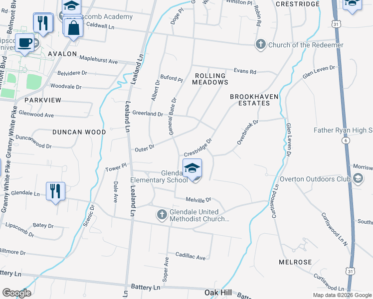 map of restaurants, bars, coffee shops, grocery stores, and more near 4117 Crestridge Drive in Nashville