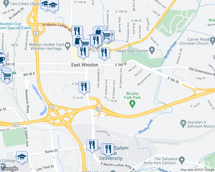 map of restaurants, bars, coffee shops, grocery stores, and more near 221 North Jackson Avenue in Winston-Salem