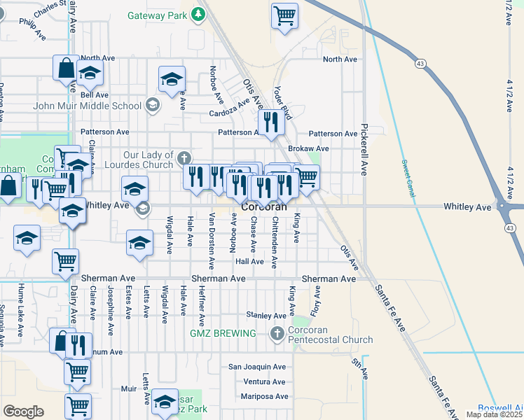 map of restaurants, bars, coffee shops, grocery stores, and more near in Corcoran