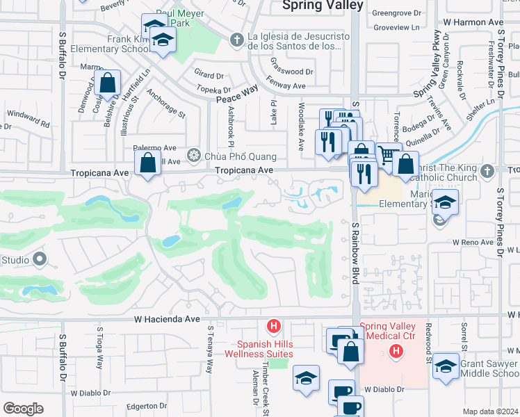 map of restaurants, bars, coffee shops, grocery stores, and more near 7139 Mission Hills Drive in Las Vegas