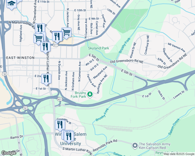map of restaurants, bars, coffee shops, grocery stores, and more near 1924 Maryland Avenue in Winston-Salem