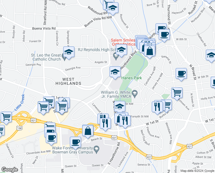 map of restaurants, bars, coffee shops, grocery stores, and more near 1483 West Northwest Boulevard in Winston-Salem