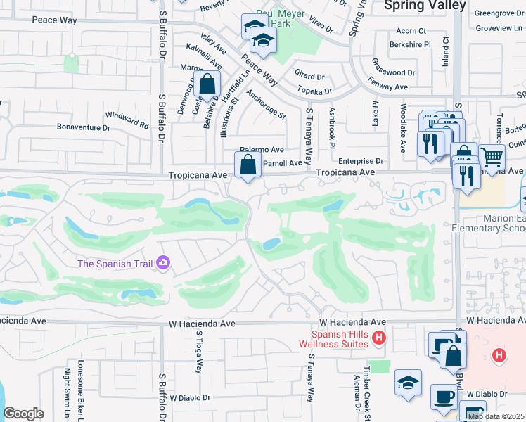 map of restaurants, bars, coffee shops, grocery stores, and more near 7411 Mission Hills Drive in Las Vegas