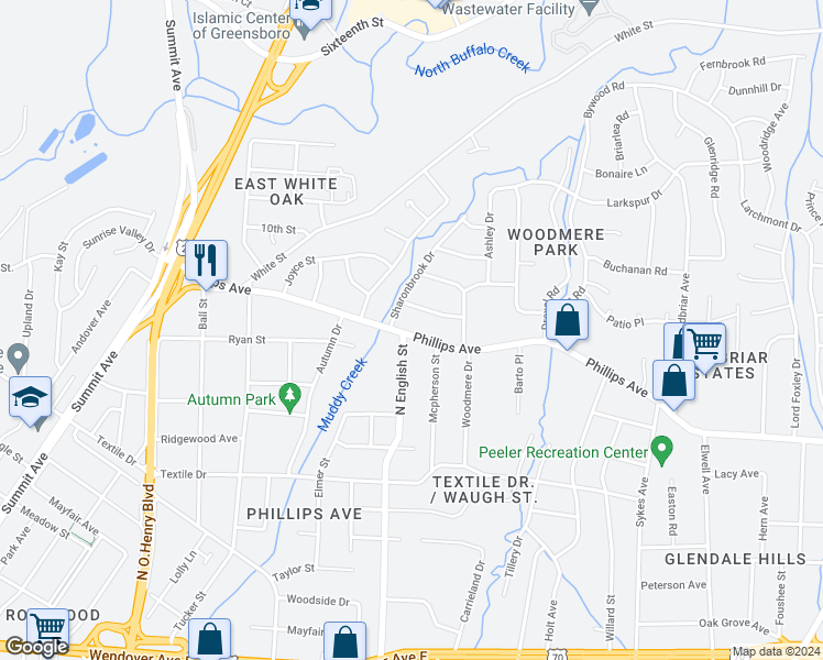 map of restaurants, bars, coffee shops, grocery stores, and more near 1903 Phillips Avenue in Greensboro