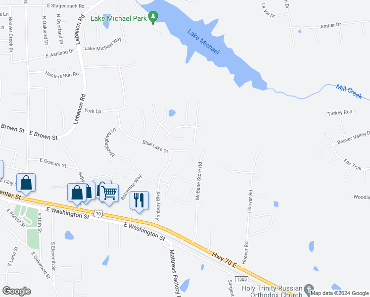 map of restaurants, bars, coffee shops, grocery stores, and more near 611 Blue Lake Drive in Mebane