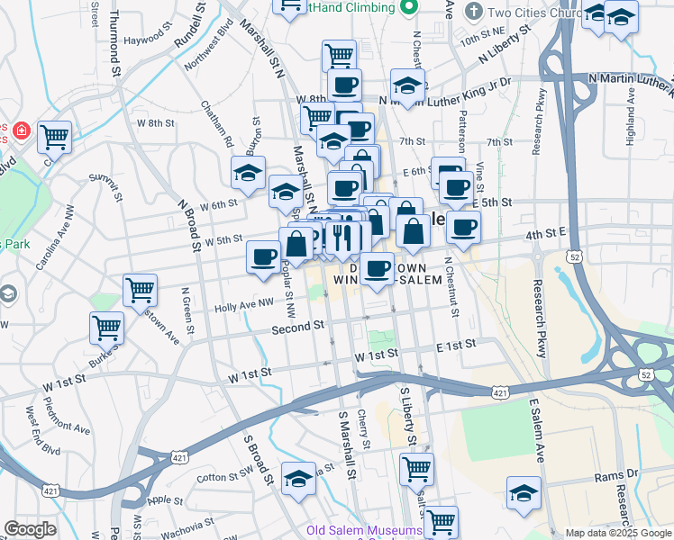 map of restaurants, bars, coffee shops, grocery stores, and more near 310 West 4th Street in Winston-Salem