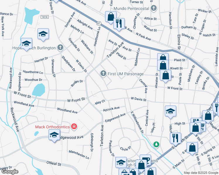 map of restaurants, bars, coffee shops, grocery stores, and more near 1127 West Front Street in Burlington