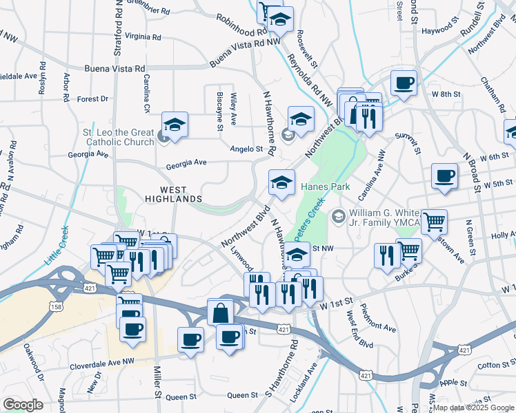 map of restaurants, bars, coffee shops, grocery stores, and more near 220 Hawthorne Road North in Winston-Salem