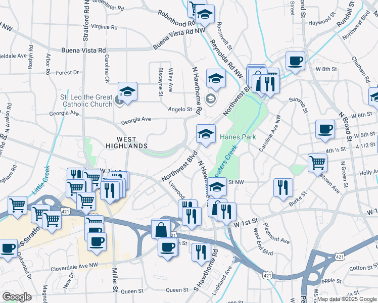 map of restaurants, bars, coffee shops, grocery stores, and more near 1515 West Northwest Boulevard in Winston-Salem