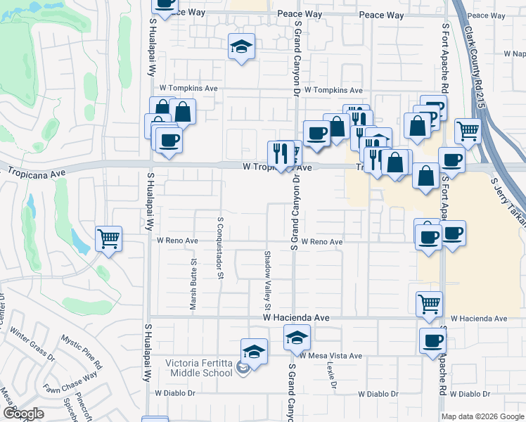 map of restaurants, bars, coffee shops, grocery stores, and more near 5040 Shadow Valley Street in Las Vegas