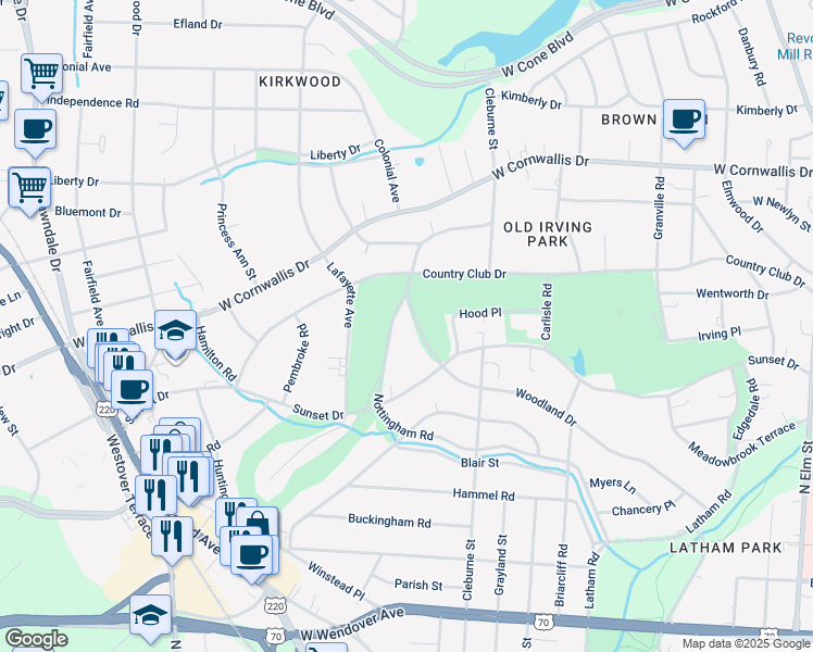 map of restaurants, bars, coffee shops, grocery stores, and more near 811 Woodland Drive in Greensboro