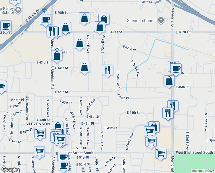 map of restaurants, bars, coffee shops, grocery stores, and more near 7217 East 46th Street in Tulsa