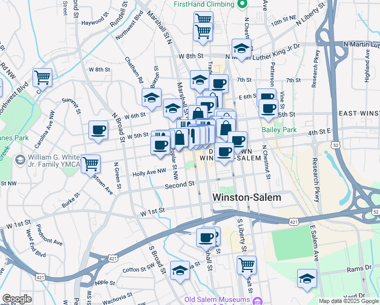 map of restaurants, bars, coffee shops, grocery stores, and more near 406 West 4th Street in Winston-Salem
