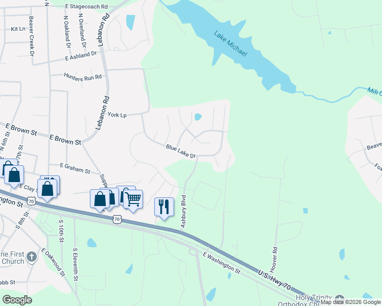 map of restaurants, bars, coffee shops, grocery stores, and more near 512 Blue Lake Drive in Mebane