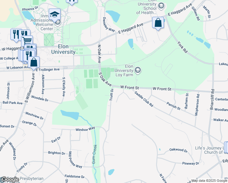 map of restaurants, bars, coffee shops, grocery stores, and more near 105 Truitt Drive in Elon
