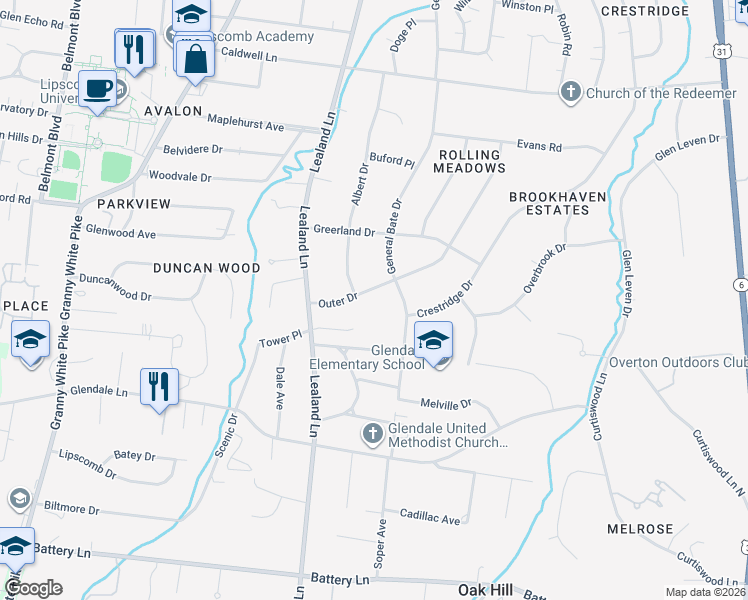 map of restaurants, bars, coffee shops, grocery stores, and more near 4154B Outer Drive in Nashville
