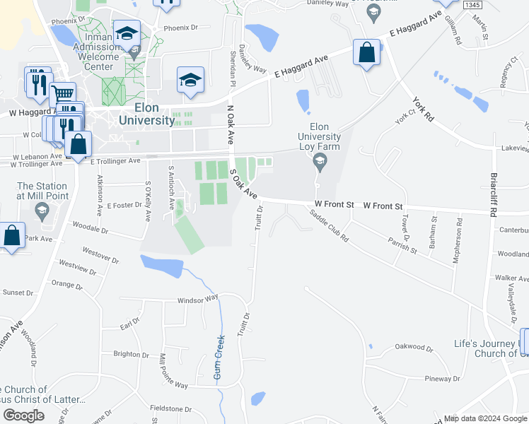 map of restaurants, bars, coffee shops, grocery stores, and more near 105 Truitt Drive in Elon
