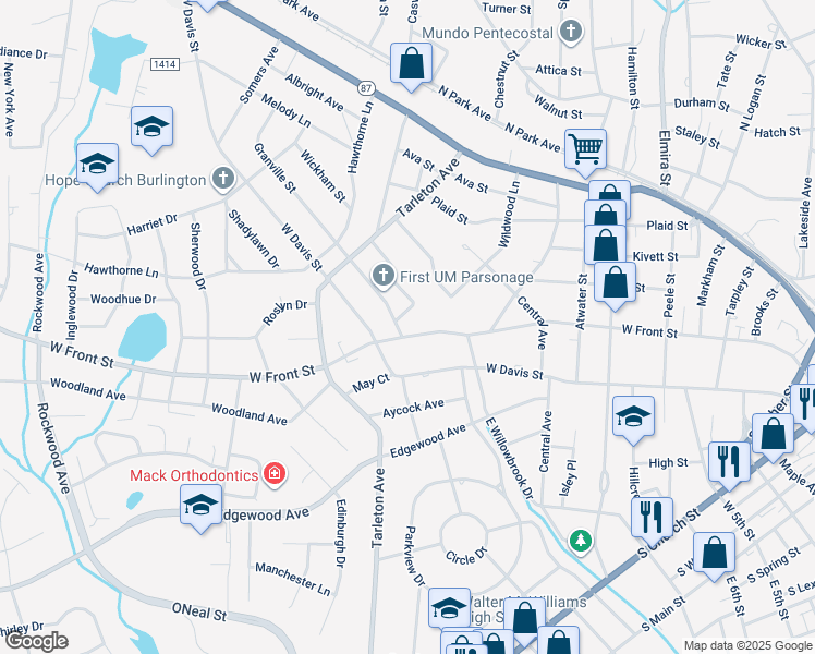map of restaurants, bars, coffee shops, grocery stores, and more near 1127 West Front Street in Burlington