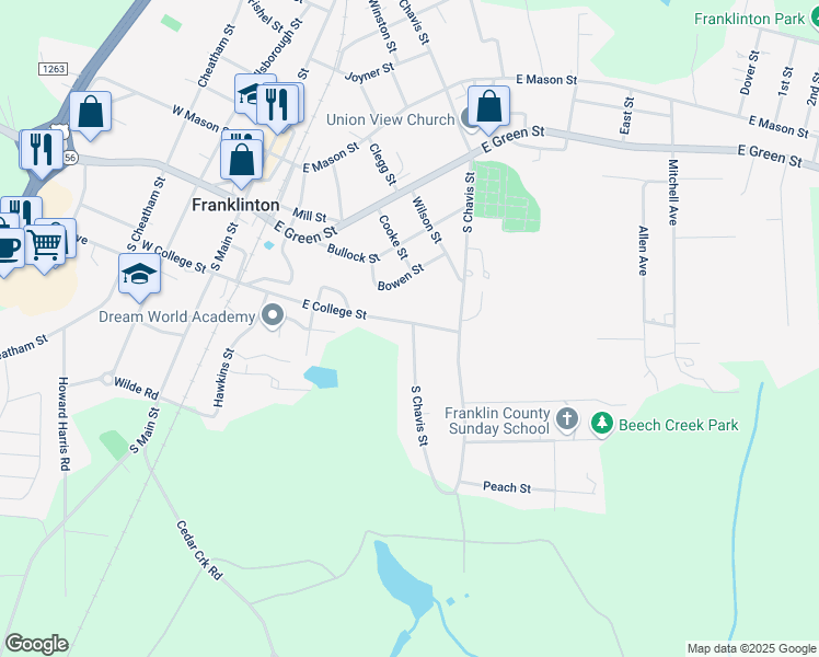 map of restaurants, bars, coffee shops, grocery stores, and more near 312 East College Street in Franklinton