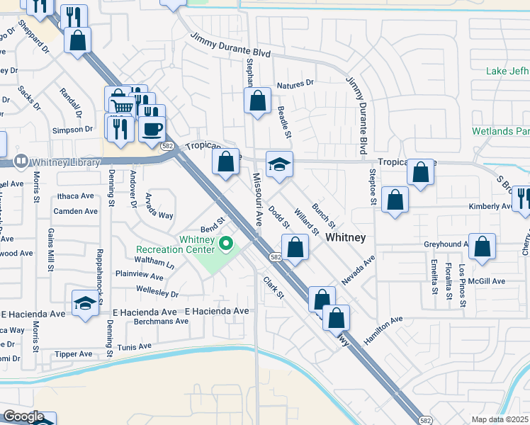map of restaurants, bars, coffee shops, grocery stores, and more near 5050 Missouri Avenue in Las Vegas