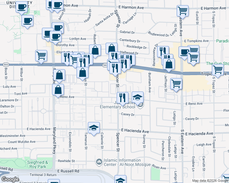 map of restaurants, bars, coffee shops, grocery stores, and more near 5096 Spencer Street in Las Vegas