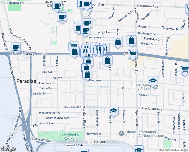 map of restaurants, bars, coffee shops, grocery stores, and more near 5012 South Maryland Parkway in Las Vegas