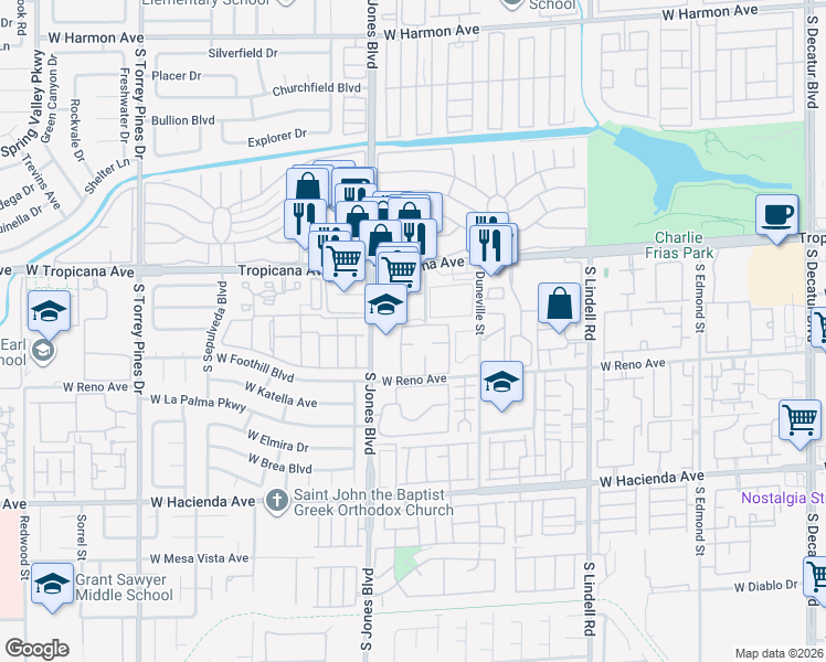 map of restaurants, bars, coffee shops, grocery stores, and more near 5000 South Jones Boulevard in Las Vegas