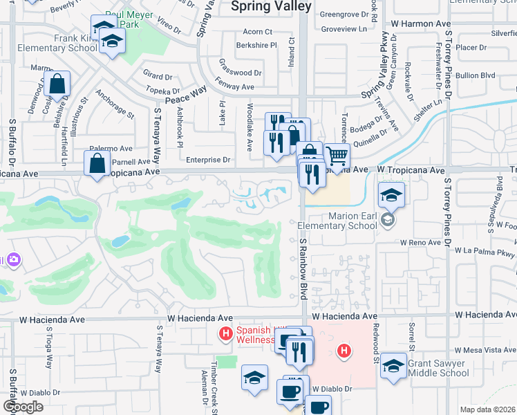 map of restaurants, bars, coffee shops, grocery stores, and more near 7051 Big Springs Court in Las Vegas