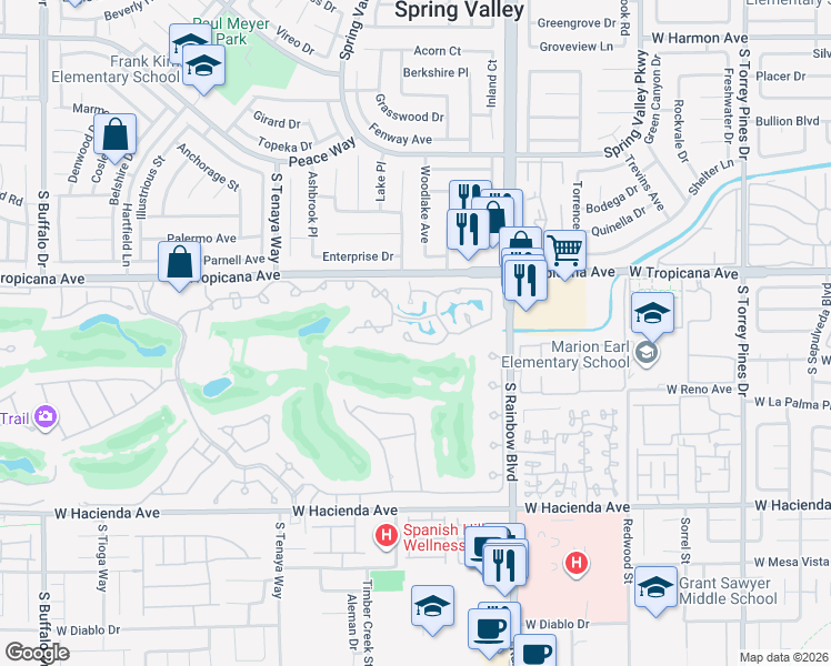 map of restaurants, bars, coffee shops, grocery stores, and more near 7051 Big Springs Court in Las Vegas