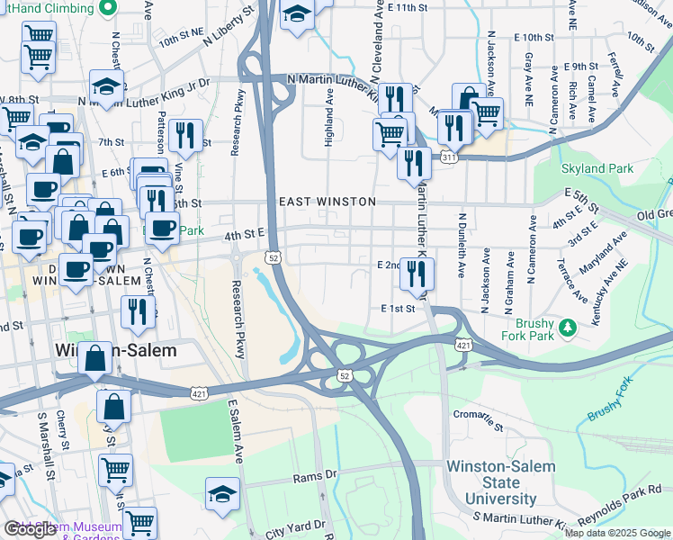 map of restaurants, bars, coffee shops, grocery stores, and more near 181 Highland Avenue in Winston-Salem