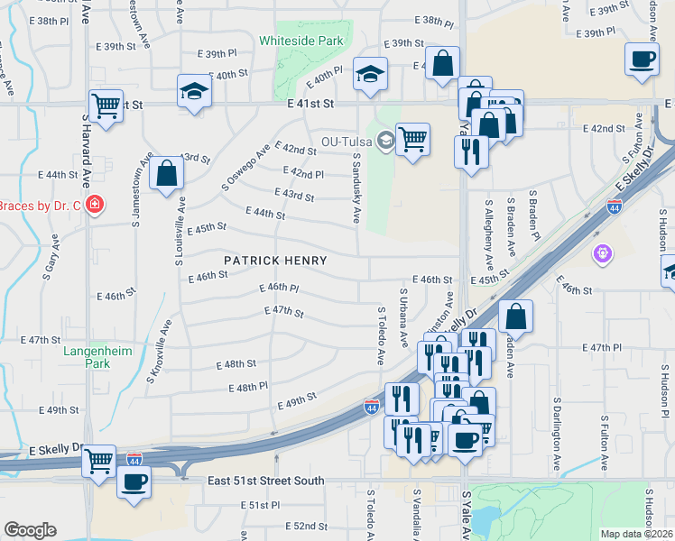 map of restaurants, bars, coffee shops, grocery stores, and more near 4182 East 46th Street in Tulsa