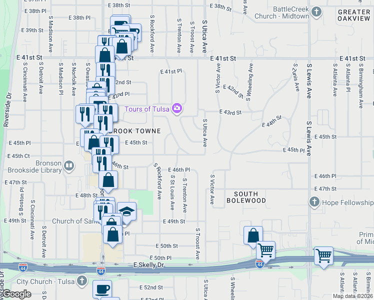 map of restaurants, bars, coffee shops, grocery stores, and more near 1618 East 45th Place in Tulsa