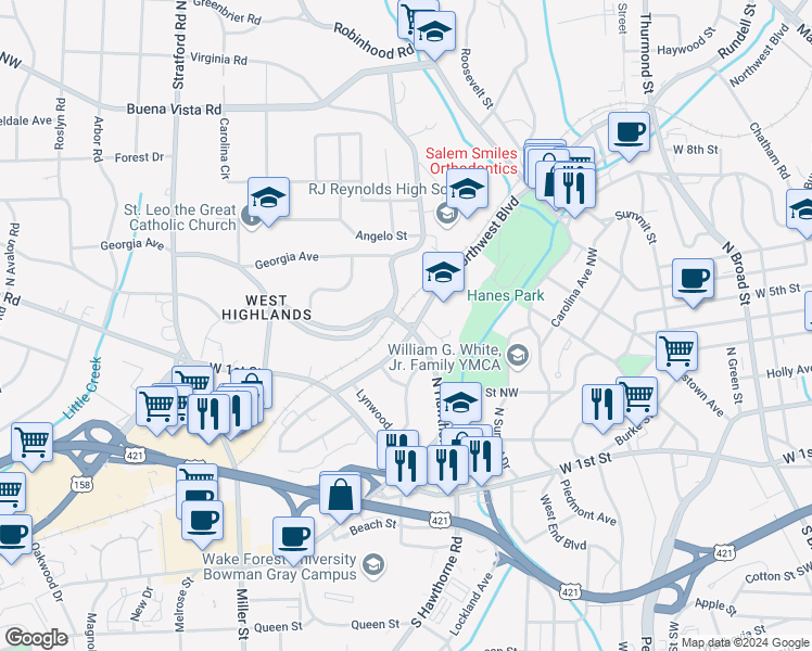 map of restaurants, bars, coffee shops, grocery stores, and more near 220 Hawthorne Road Northwest in Winston-Salem