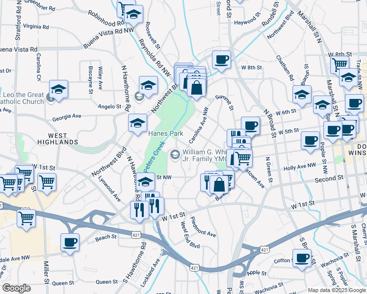 map of restaurants, bars, coffee shops, grocery stores, and more near 1404 Clover Street Northwest in Winston-Salem