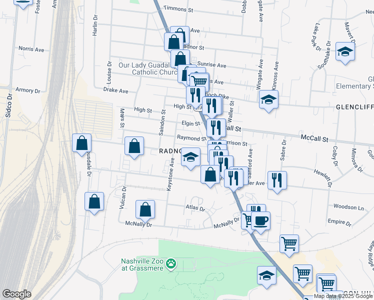 map of restaurants, bars, coffee shops, grocery stores, and more near 411 Veritas Street in Nashville