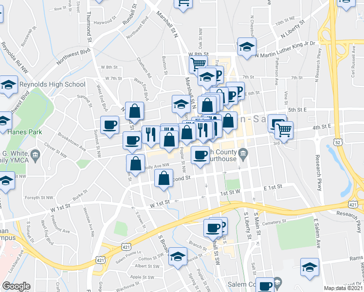 map of restaurants, bars, coffee shops, grocery stores, and more near 599 West 4th Street in Winston-Salem