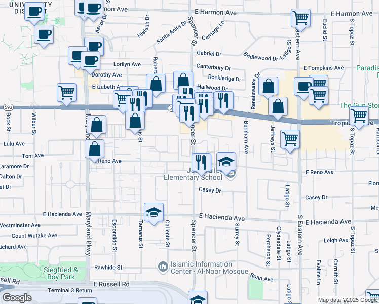 map of restaurants, bars, coffee shops, grocery stores, and more near 5043 Spencer Street in Las Vegas
