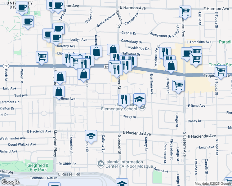map of restaurants, bars, coffee shops, grocery stores, and more near 5096 Spencer Street in Las Vegas