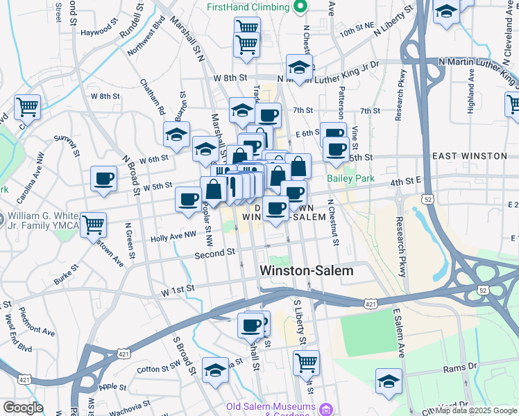 map of restaurants, bars, coffee shops, grocery stores, and more near 1 Park Vista Lane in Winston-Salem