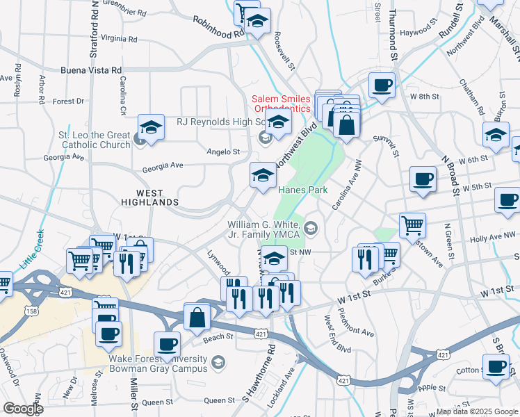 map of restaurants, bars, coffee shops, grocery stores, and more near 1400 West Northwest Boulevard in Winston-Salem