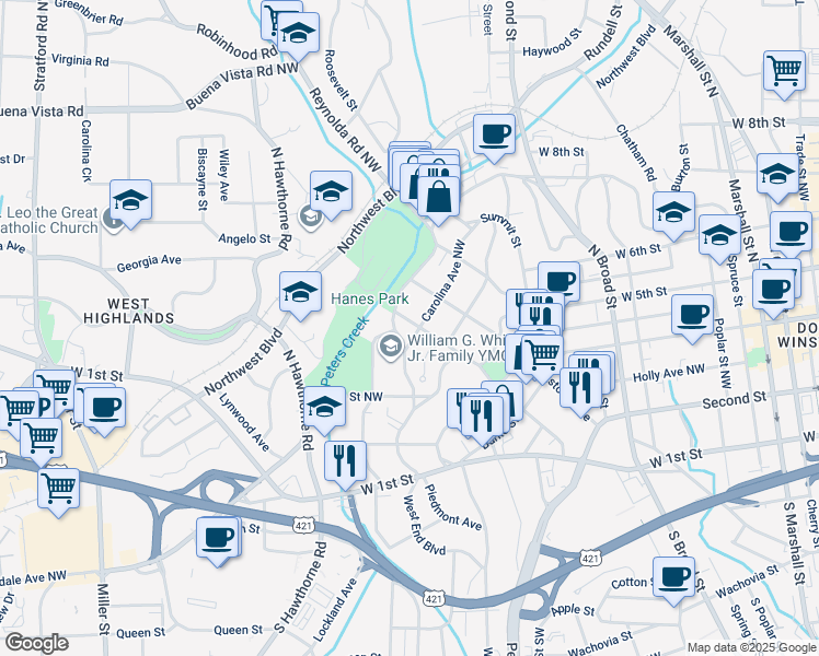 map of restaurants, bars, coffee shops, grocery stores, and more near 1404 Clover Street Northwest in Winston-Salem